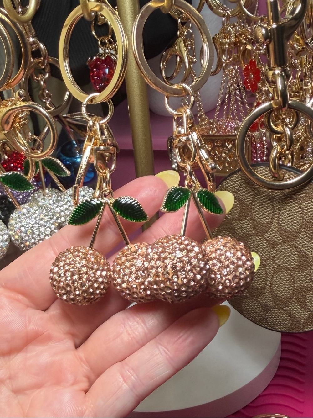 Rhinestone Cherry Bag Charm Keychain - Rose Gold